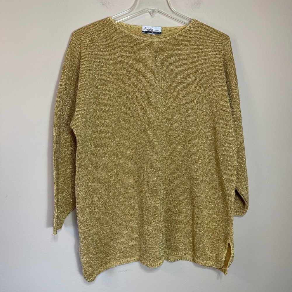 Diana Marco Vintage Gold Metallic Lurex Knit Oversized Sweater Made in USA XL